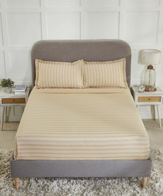 Home Essential Melange Stripe Solid King Bedsheet Set, Alsel|130 TC Cotton| 2 Pillow Covers