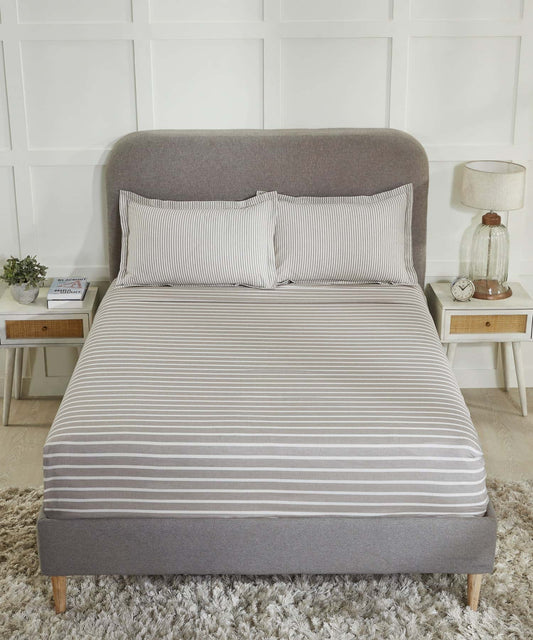 Home Essential Melange Stripe Solid Queen Bedsheet Set, Braze|130 TC Cotton| 2 Pillow Covers