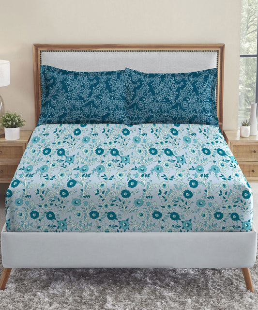 Urban Comfort Queen Bedsheet Set, Desert Gardern Blue|144 TC Cotton|2 Pillow Covers