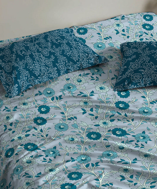 Urban Comfort Queen Bedsheet Set, Desert Gardern Blue|144 TC Cotton|2 Pillow Covers