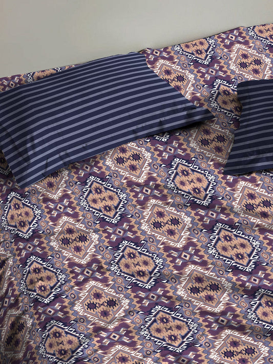 Urban Comfort Queen Bedsheet Set, Modern Indigo|144 TC Cotton|2 Pillow Covers
