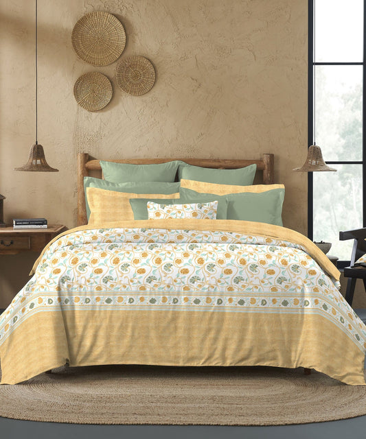 Sanskriti King Bedsheet Set, Block Print Mastard| 144TC Cotton|2 Pillow Covers