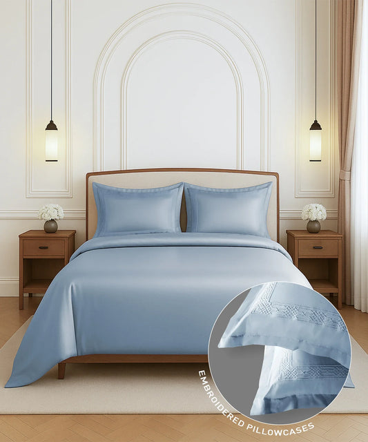 Nectarsoft Luxe Living Solid King Bedsheet Set, Hilton, Blue Shadow|300 TC Cotton| 2 Pillow Cover