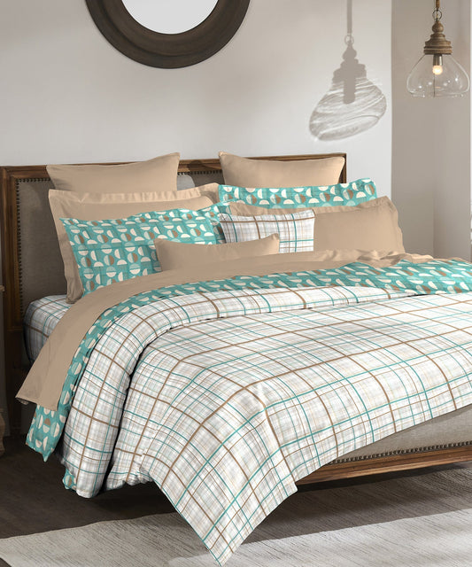 Classic King Bedsheet, Geo Crush Teal|210 TC Cotton| 2 Pillow Covers