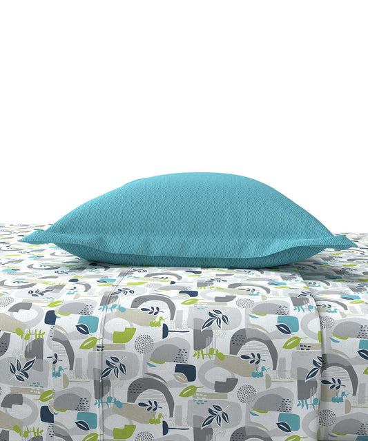 Home Essential Jun Turquoise Single Bedsheet With 1 Pillow Cover, 144TC, 100% Cotton, Floral, Blue