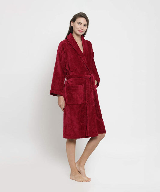 Classic Unisex Medium Bathrobe, Respberry Red| 300 GSM Cotton| Velvet Touch