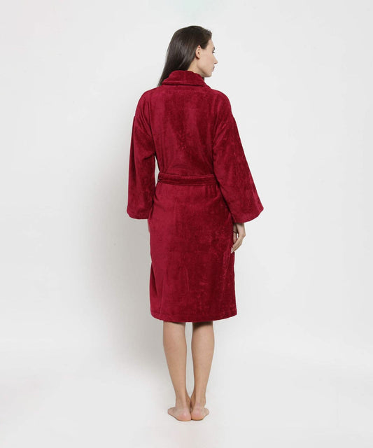 Classic Unisex Medium Bathrobe, Respberry Red| 300 GSM Cotton| Velvet Touch