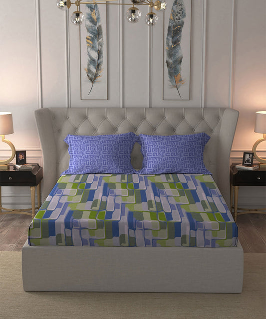 Dusk & Dawn Queen Bedsheet Set, Hopscotch Blue| 144 TC Cotton|2 Pillow Covers