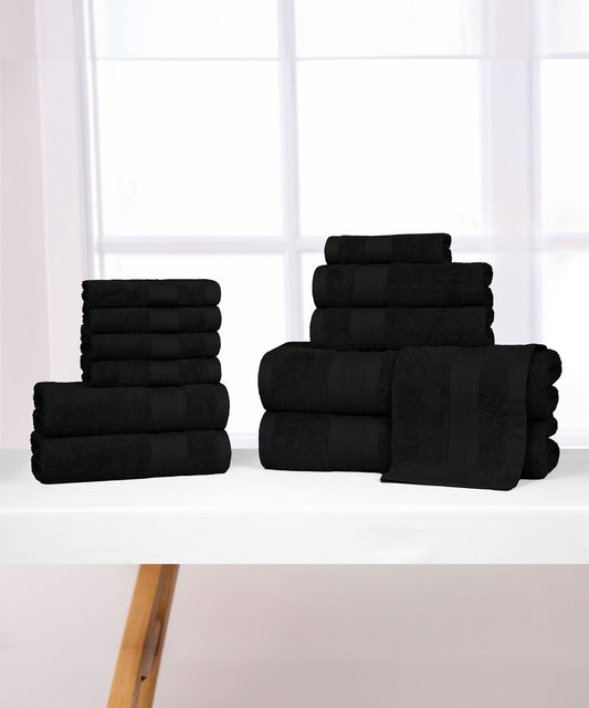 Soft Comfort 12Pc Towel Set, Black|509 GSM Cotton|Air Rich Technology