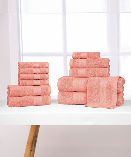 Soft Comfort 12Pc Towel Set, Coral Haze|509 GSM Cotton|Air Rich Technology