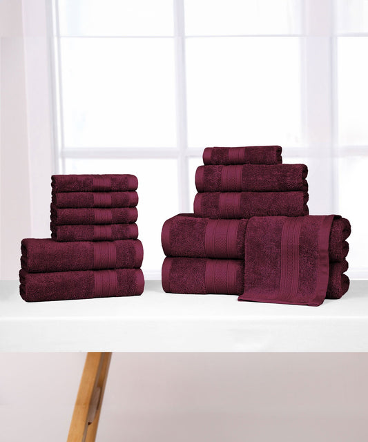 Soft Comfort 12Pc Towel Set, Red Wine|509 GSM Cotton|Air Rich Technology