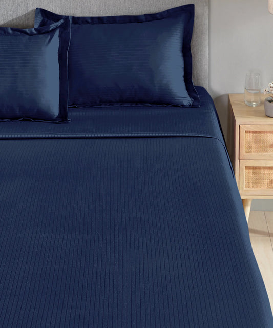 Classic Stripe Solid King Bedsheet Set, Iron Blue|210 TC Cotton| 2 Pillow Covers