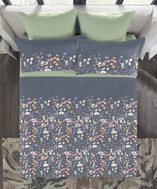 Indulgence Painterly Pattern King Bedsheet Set, Blue Bell|300TC Cotton| 4 Pillow Covers