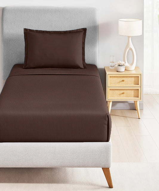 Classic Stripe Solid Dyed Single Bedsheet Set, Brown Syrup|210 TC Cotton|1 Pillow Cover
