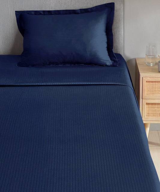Classic Stripe Solid Dyed Single Bedsheet Set, Iron Blue|210 TC Cotton|1 Pillow Cover