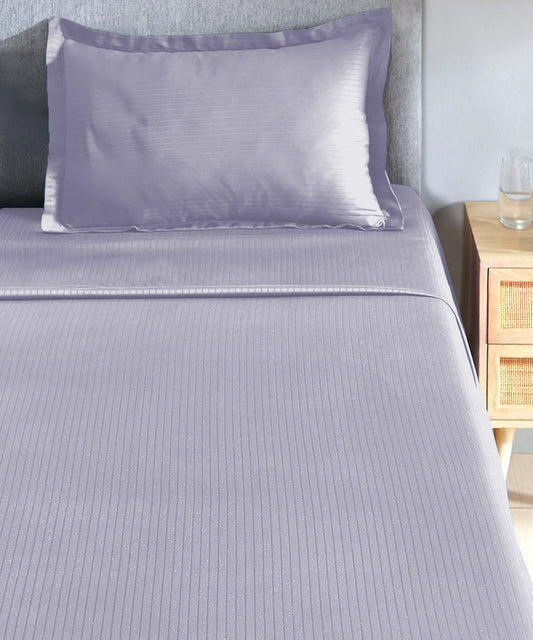 Classic Stripe Solid Dyed Single Bedsheet Set, Amethyst|210 TC Cotton|1 Pillow Cover