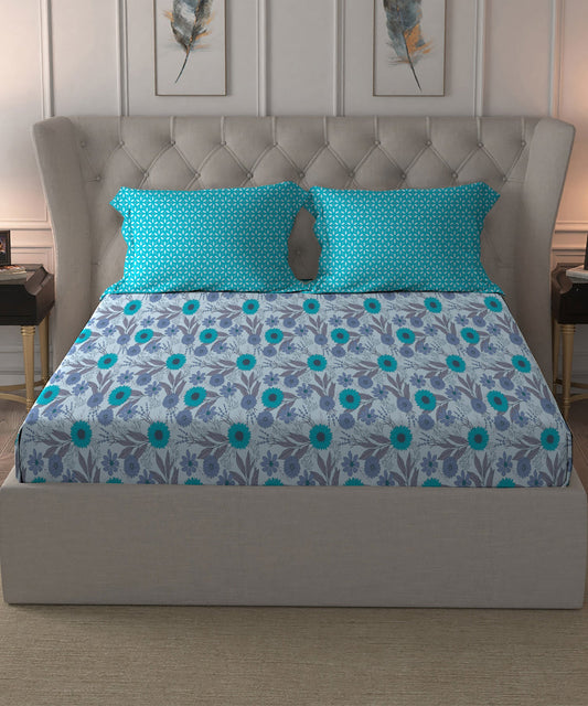 Comfort Living Queen Bedsheet Set, Sunflower Blue| 120 TC Cotton|2 Pillow Cover