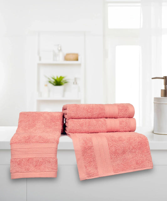 Soft Comfort 4Pc Hand Towel Set, Coral|509 GSM Cotton|Air Rich Technology