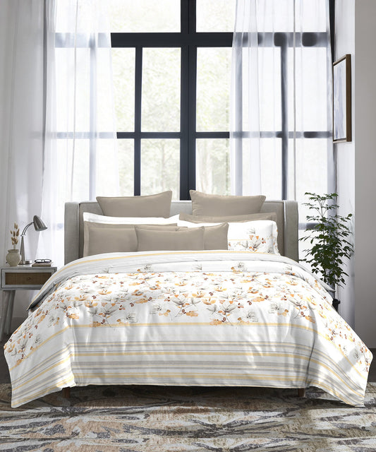 Indulgence King Bedsheet Set, Camellia Ochre|300 TC Cotton|4 Pillow Covers