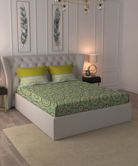 Dusk & Dawn Queen Bedsheet Set, Blair Green| 144 TC Cotton|2 Pillow Covers