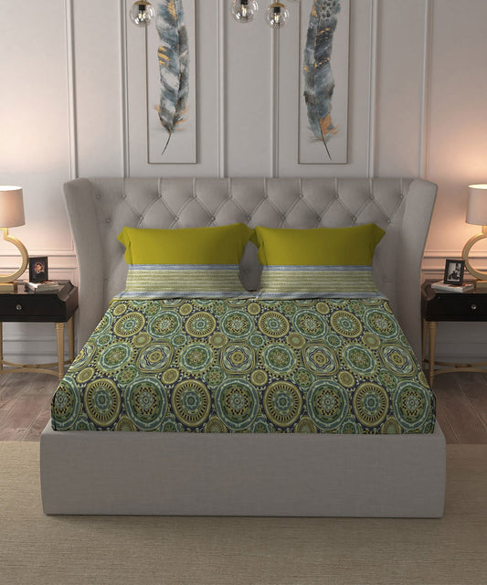 Dusk & Dawn Queen Bedsheet Set, Blair Green| 144 TC Cotton|2 Pillow Covers