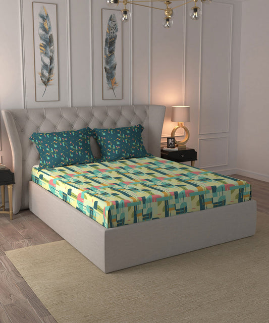 Dusk & Dawn Queen Bedsheet Set, Brooke Blue| 144 TC Cotton|2 Pillow Covers