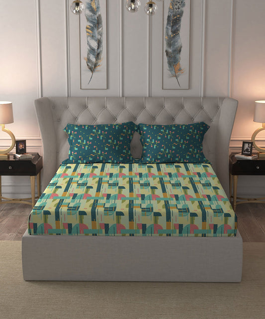 Dusk & Dawn Queen Bedsheet Set, Brooke Blue| 144 TC Cotton|2 Pillow Covers