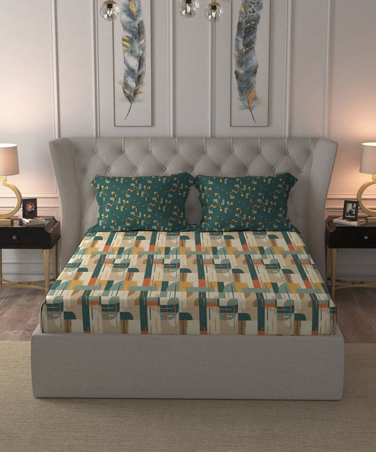 Dusk & Dawn Queen Bedsheet Set, Brooke Green| 144 TC Cotton|2 Pillow Covers