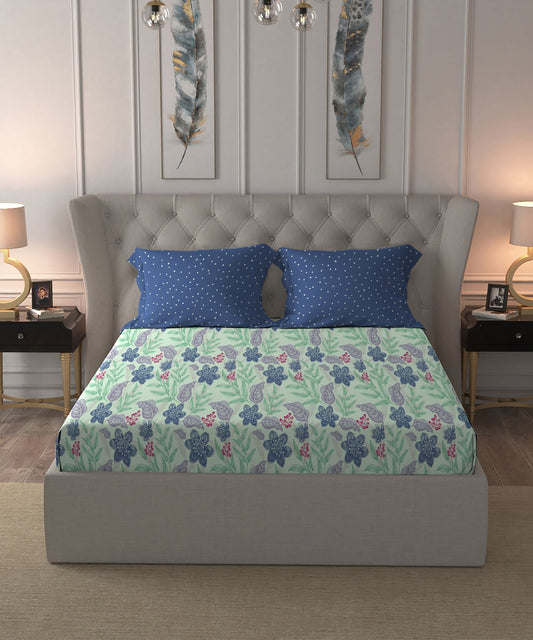 Dusk & Dawn Queen Bedsheet Set, Glitter Blue|144 TC Cotton|2 Pillow Covers
