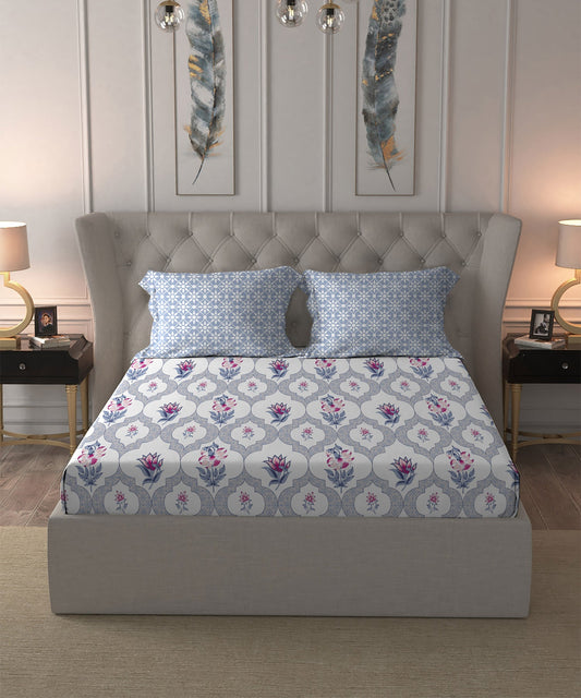 Dusk & Dawn Queen Bedsheet Set, Gulmohar Blue|144 TC Cotton|2 Pillow Covers