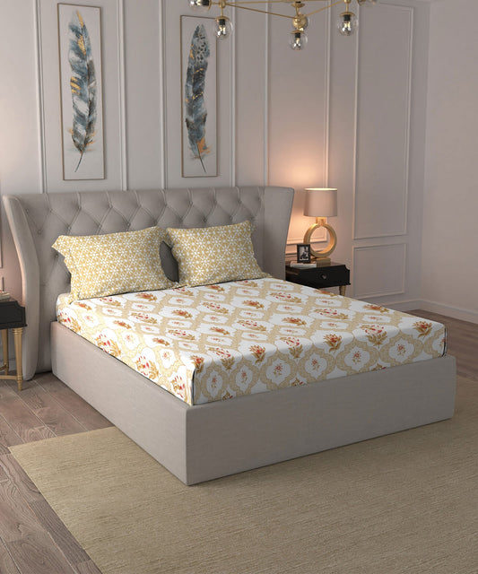 Dusk & Dawn Queen Bedsheet Set, Gulmohar Yellow|144 TC Cotton|2 Pillow Covers