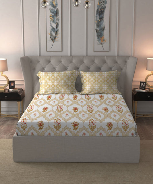 Dusk & Dawn Queen Bedsheet Set, Gulmohar Yellow|144 TC Cotton|2 Pillow Covers