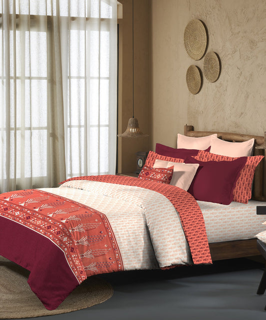 Sanskriti King Bedsheet Set, Paithani Red| 144TC Cotton|2 Pillow Covers