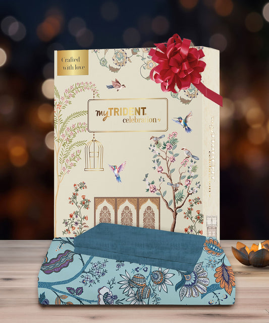 Celebration Queen Bedsheet Set, Chintz Blue|144 TC Cotton|2 Pillow Covers
