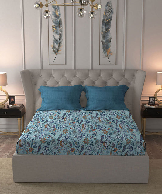 Celebration Queen Bedsheet Set, Chintz Blue|144 TC Cotton|2 Pillow Covers