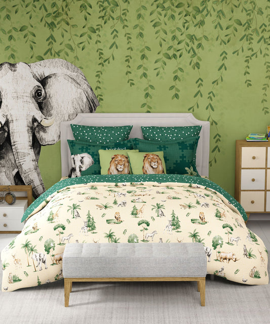 Juniors King Bedsheet Set, Jigsaw Jungle|144 TC Cotton|2 Pillow Covers