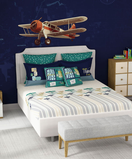 Juniors King Bedsheet Set, Passport|144 TC Cotton|2 Pillow Covers