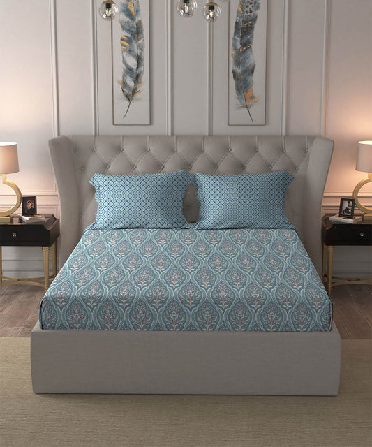 Dusk & Dawn Queen Bedsheet Set, Anna Sea Green| 144 TC Cotton|2 Pillow Covers