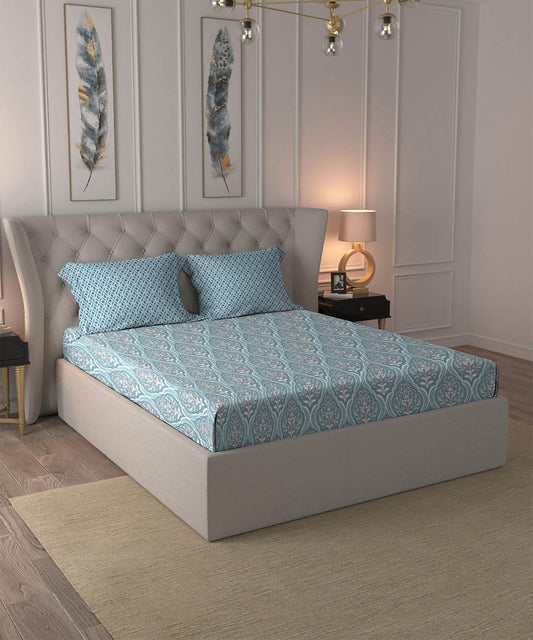 Dusk & Dawn Queen Bedsheet Set, Anna Sea Green| 144 TC Cotton|2 Pillow Covers