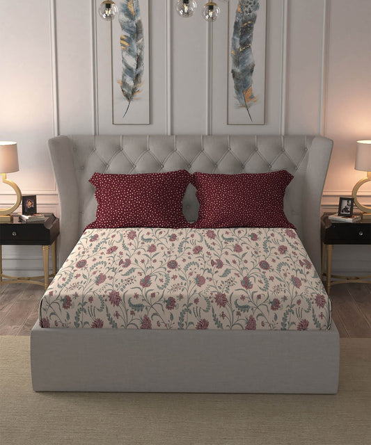 Dusk & Dawn Queen Bedsheet Set, Coromandel Red| 144 TC Cotton|2 Pillow Covers