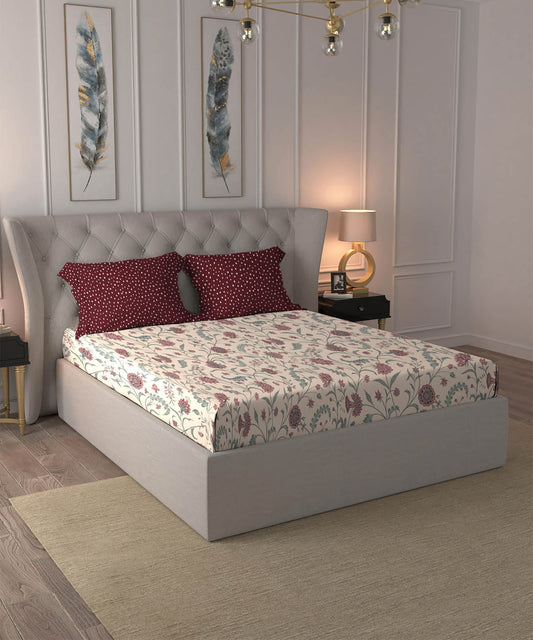 Dusk & Dawn Queen Bedsheet Set, Coromandel Red| 144 TC Cotton|2 Pillow Covers