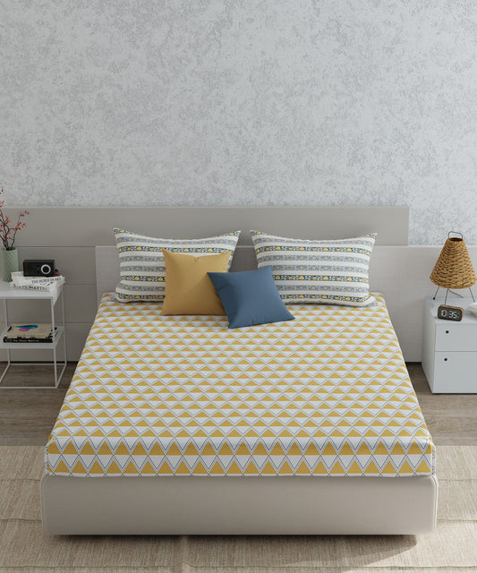 Utsav Queen Bedsheet  Set, Aakriti Mustard| 120TC Cotton|2 Pillow Covers