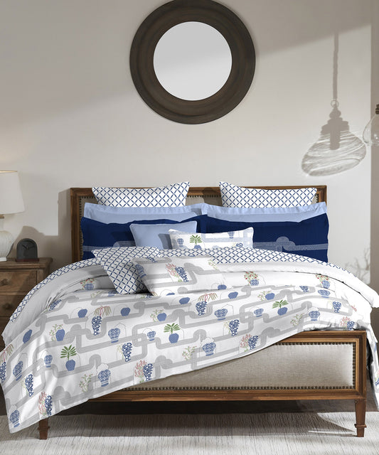Road To Jaipur  Bedding Set, Blue Pottery| 210 TC|4 Pc Set