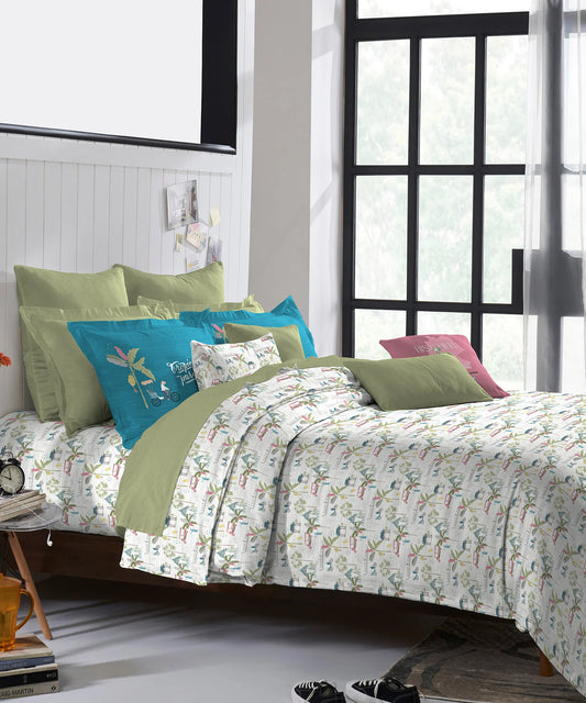 His & Her King Bedsheet Set, Ko Samui|144 TC Cotton| 2 Pillow Cover & 2 Cushion Covers