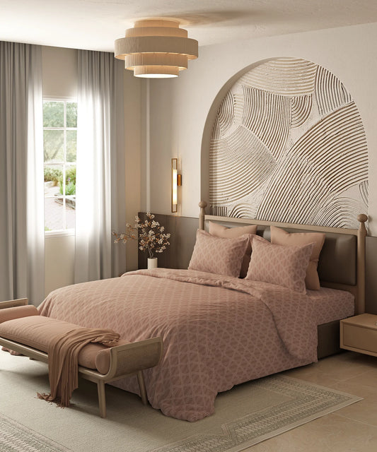 Home Essential Pastel Poetry Geo Bedsheet, Aldo Gingerbread|144TC Cotton| 2 Pillow Covers