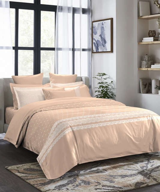 Indulgence Symphony of Threads King Bedsheet Set, Almond Peach| 300 TC Kasturi Cotton|4 Pillow Covers