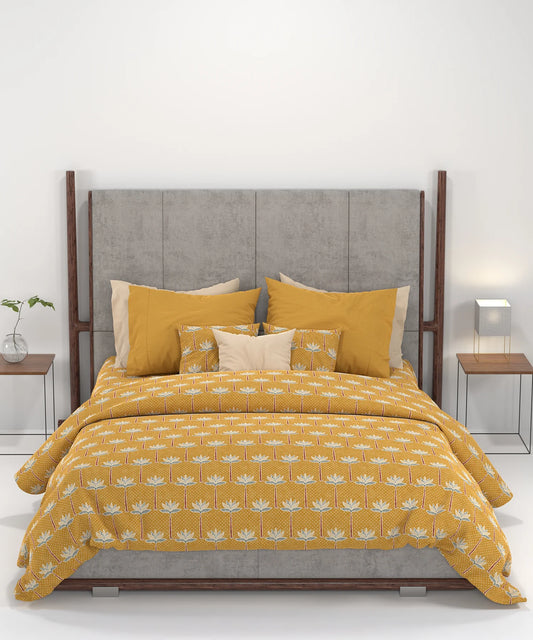 Carnival Ajrakh King Bedsheet Set, Maru Vastra Mustard |144 TC Cotton|2 Pillow Covers