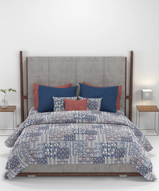 Carnival Ajrakh King Bedsheet Set, Rangmitti Indigo |144 TC Cotton|2 Pillow Covers