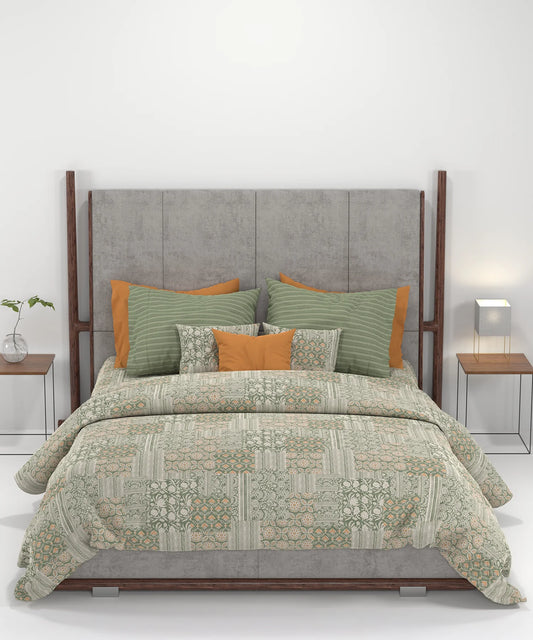 Carnival Ajrakh King Bedsheet Set, Rangmitti Olive |144 TC Cotton|2 Pillow Covers