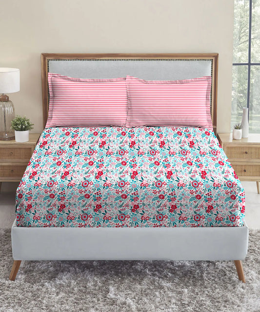 Urban Comfort Queen Bedsheet Set, Gardenia Blooms Pink|144 TC Cotton| 2 Pillow Covers